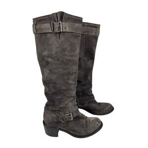 AGL GRAY SUEDE TALL RIDING BOOTS SIZE 36 EU / US 6 BUCKLE HEEL MINIMALIST CHIC